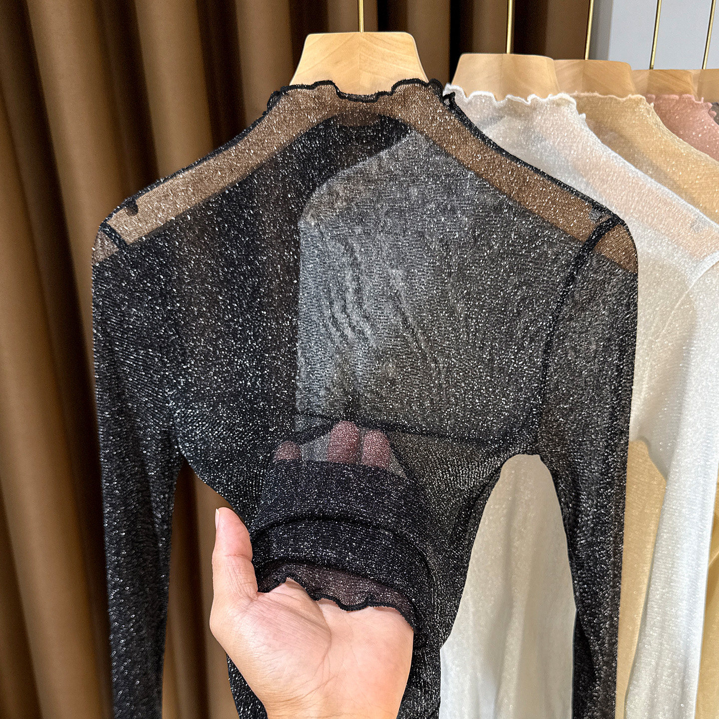 半高领亮丝网纱打底衫女秋冬2025新款木耳边叠穿蕾丝内搭透视薄纱,淘宝优惠券,粉丝福利购,淘宝优惠卷