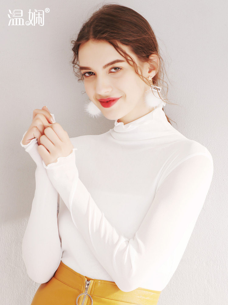 木耳边高领白色蕾丝紧身内搭打底衫 温娴T恤