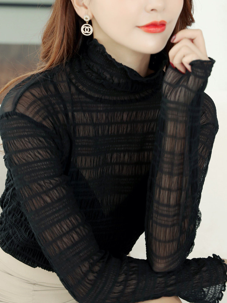 半透明黑色高领蕾丝打底衫女毛衣 温娴蕾丝衫/雪纺衫