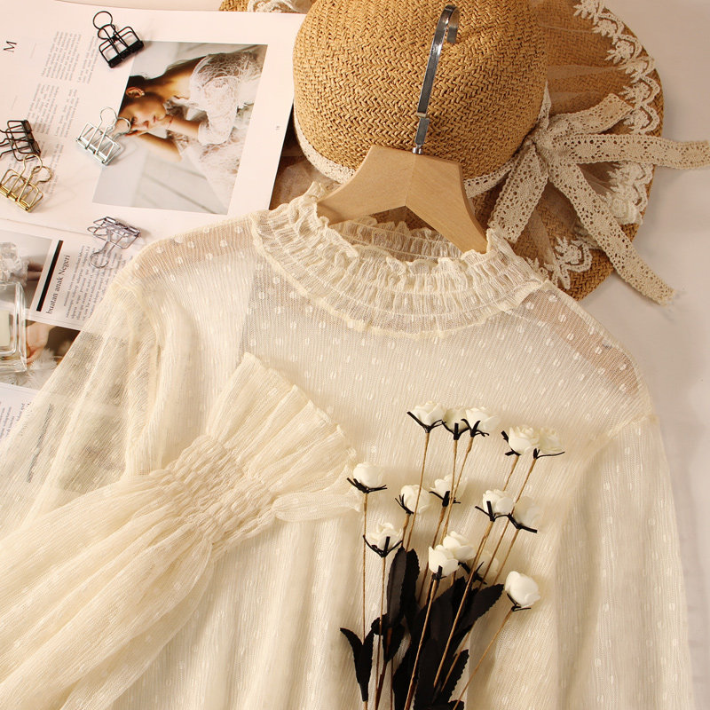 复古透视高领波点蕾丝女性感打底衫 温娴蕾丝衫/雪纺衫