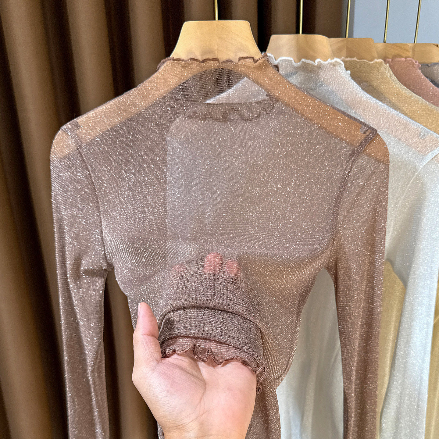 半高领亮丝网纱打底衫女秋冬2025新款木耳边叠穿蕾丝内搭透视薄纱,淘宝优惠券,粉丝福利购,淘宝优惠卷