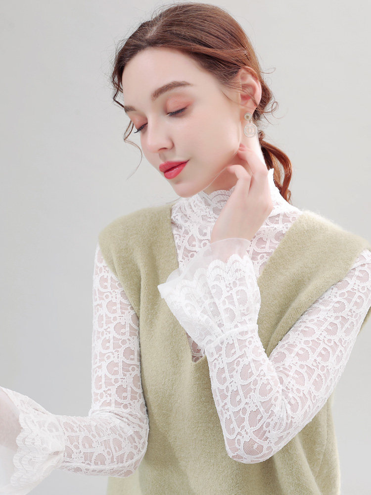 白色高领蕾丝女秋透明洋气小衫内搭 温娴T恤
