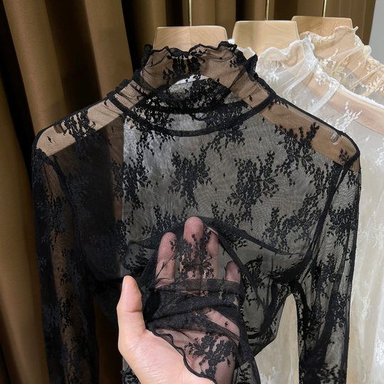 薄款高领蕾丝内搭小衫女秋冬2025新款木耳边网纱打底衫女内搭上衣