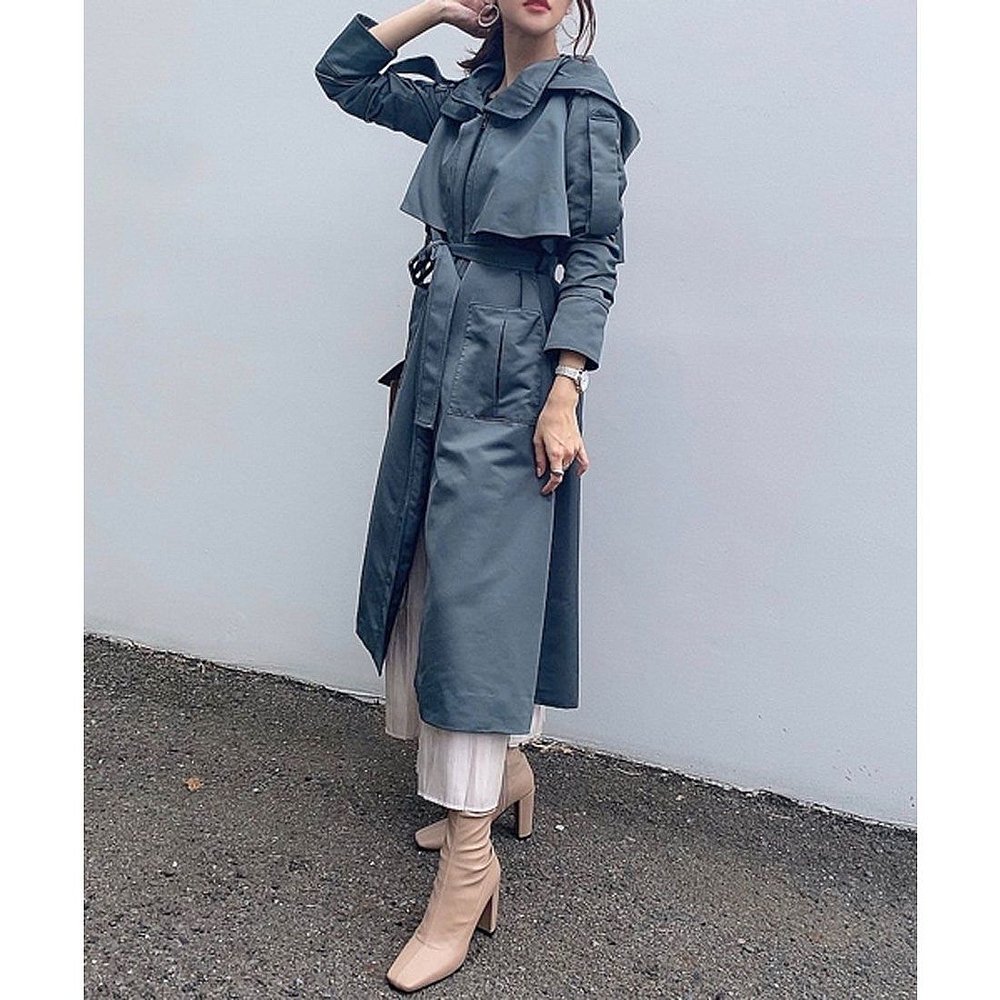 【日本直邮】RUIRUE BOUTIQUE 2way Hood Long Trench Coat (蓝灰 - 图2