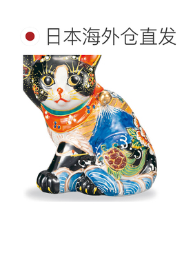 日本直邮九谷烧礼品包装5.5寸坐姿招手猫摆件配以黑鹤乌龟花卉和