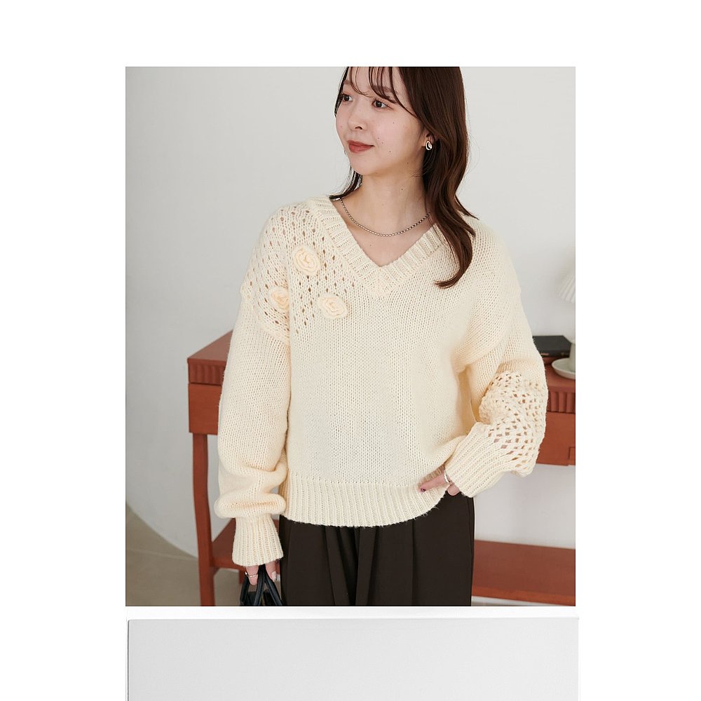 1h可退 日本直邮Discoat 女装 宽松针织 花朵装饰套头衫 DCZ10524 - 图3