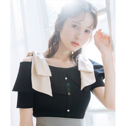 日本直邮WILLSELECTION 女士 露肩半袖针织上衣 飘带设计 2008261 - 图0