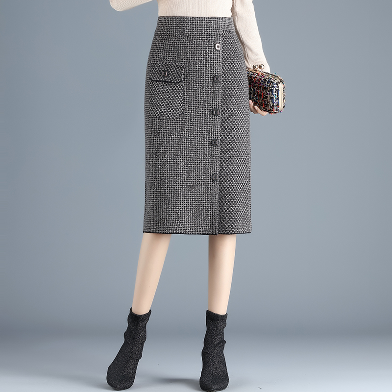 向婉旗舰店千鸟格冬裙半身裙秋冬季女新款格子针织裙子中长款包臀一步裙1