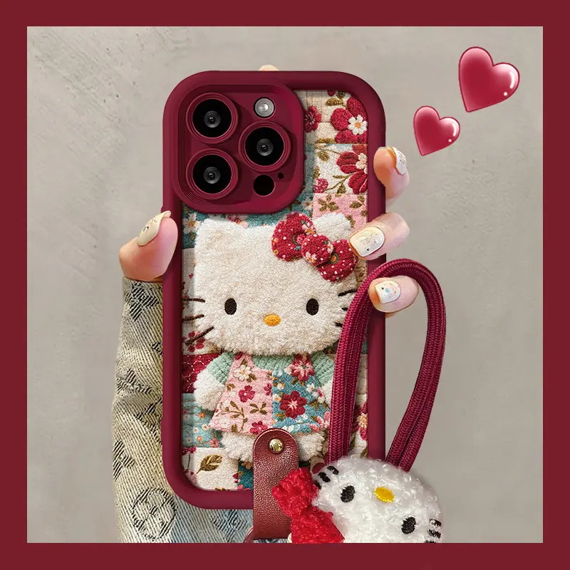 酒红碎花KT猫适用苹果17PROMAX手机壳iPhone16/15秋冬新款华为PURA80闺蜜MATE60PRO卡通RENO14全包VIVOS30INS - 图0