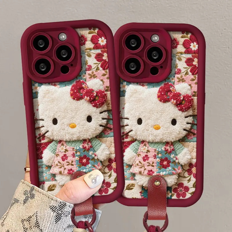 酒红碎花KT猫适用苹果17PROMAX手机壳iPhone16/15秋冬新款华为PURA80闺蜜MATE60PRO卡通RENO14全包VIVOS30INS - 图1