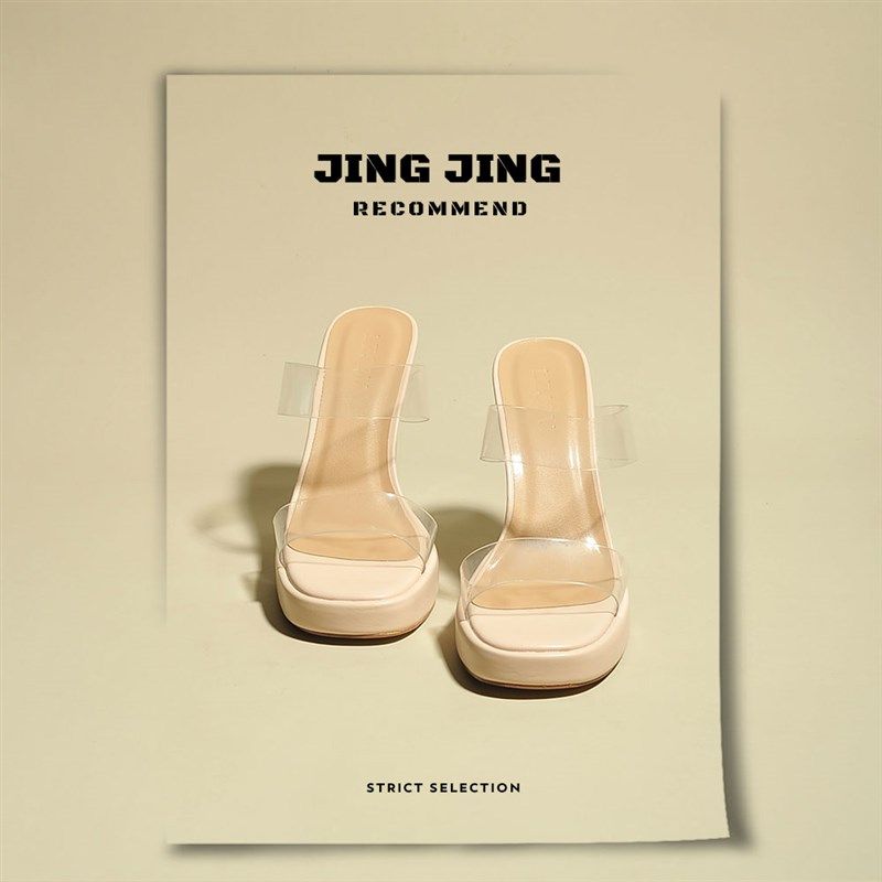 水晶透明跟凉鞋h女夏2024年新款防水台一字带粗跟超高跟12cm高跟,淘宝优惠券,粉丝福利购,淘宝优惠卷