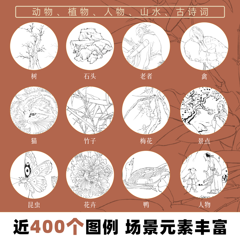 抖音同款】中国画白描临摹画册入门描摹本全6册国画工笔国风古风花卉人物古诗梅兰花鸟套装底稿线稿描红基础水墨毛笔绘画练习教材