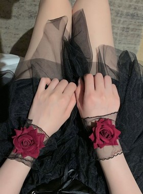 暗黑系玫瑰花蕾丝手环女手腕套手链红色手袖结婚礼服lolita洛丽塔