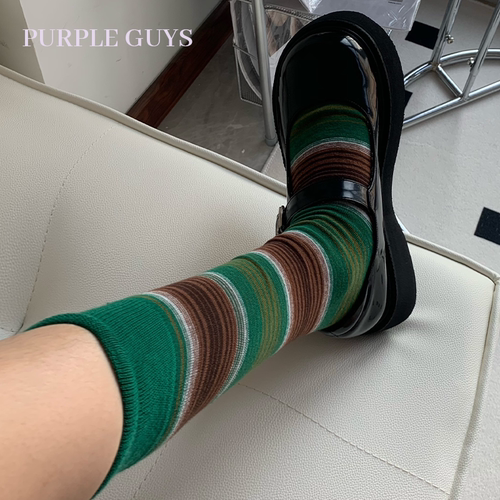 purple guys撞色条纹格子袜子女春秋复古小腿袜日系纯棉堆堆长袜 - 图0