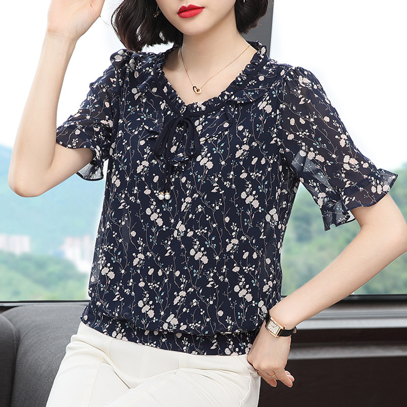 碎花短袖2020年夏季新款洋气雪纺衫 贝玲萝蕾丝衫/雪纺衫