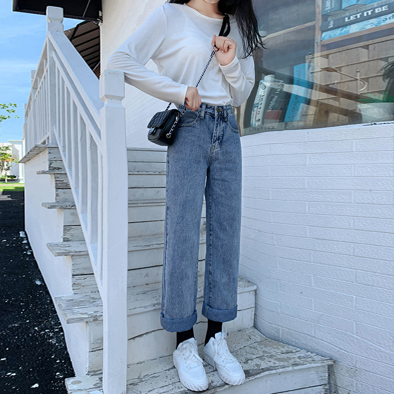 2020新款秋直筒宽松春秋高腰牛仔裤 绣若画牛仔裤
