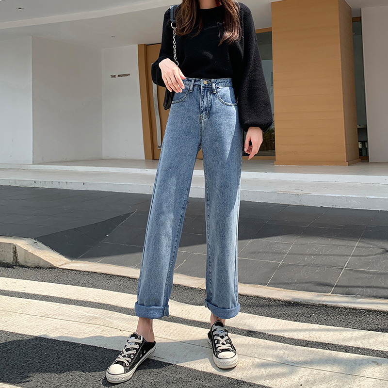 2020新款秋直筒宽松春秋高腰牛仔裤 绣若画牛仔裤