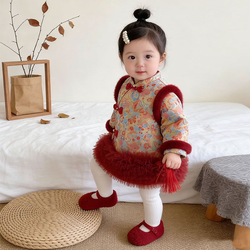 女童中国风连衣裙冬装夹棉加厚毛领盘扣新年拜年服周岁礼服女宝宝,淘宝优惠券,粉丝福利购,淘宝优惠卷