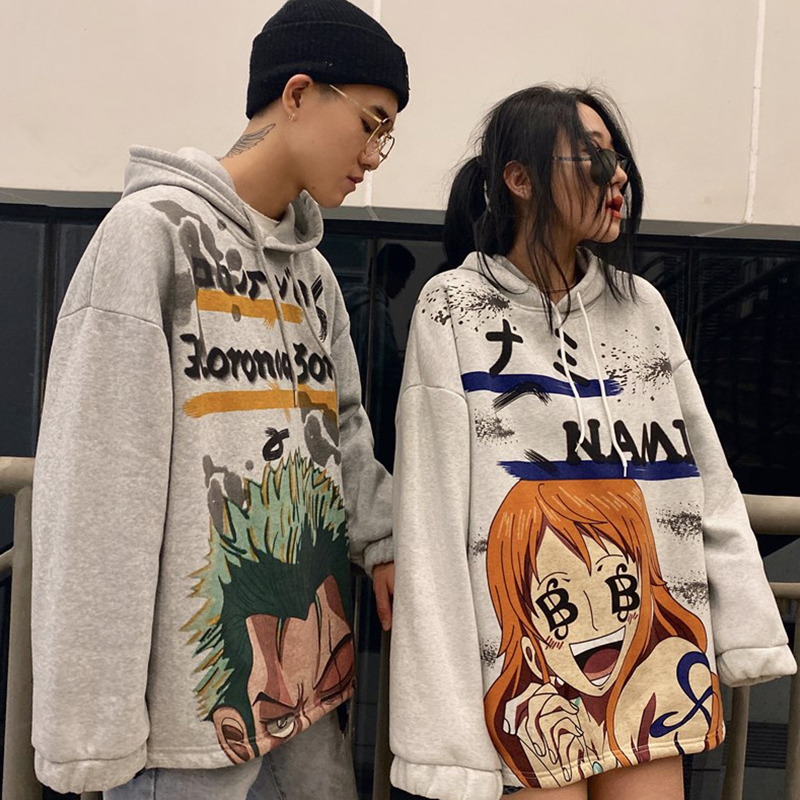 嘻哈涂鸦卡通印花情侣宽松 加绒加厚连帽卫衣男女潮 bf 秋冬韩版 ins 嘻哈涂鸦卡通印花情侣宽松 加绒加厚连帽卫衣男女潮 bf 秋冬韩版 ins
