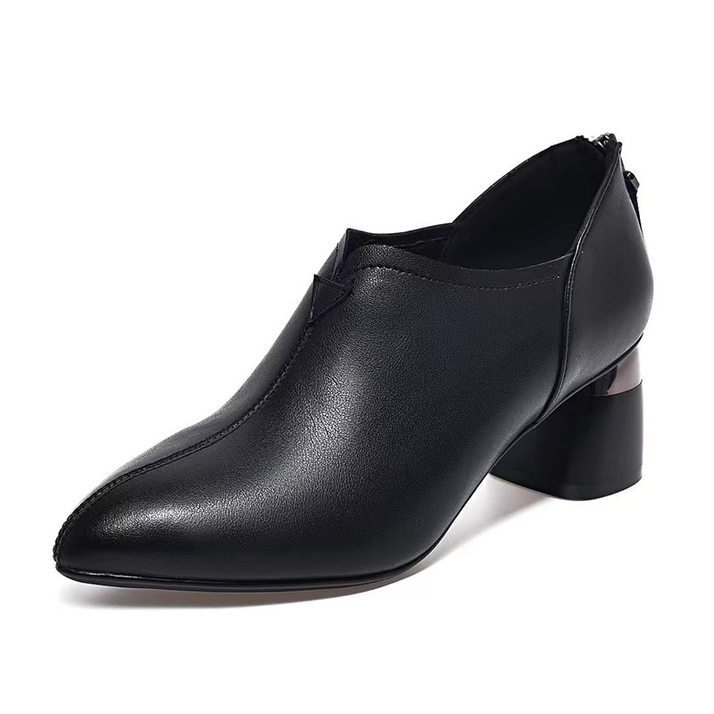 时尚休闲牛皮深口工作鞋单鞋真皮女士鞋粗跟尖头女中跟秋软皮软底,淘宝优惠券,粉丝福利购,淘宝优惠卷