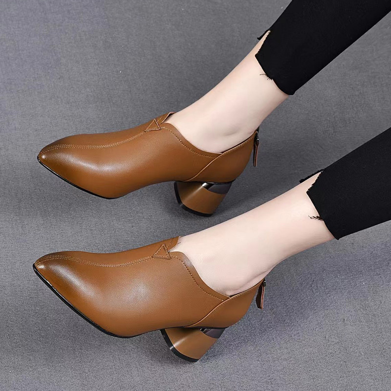 时尚休闲牛皮深口工作鞋单鞋真皮女士鞋粗跟尖头女中跟秋软皮软底,淘宝优惠券,粉丝福利购,淘宝优惠卷