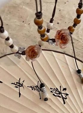 复古民族风玫瑰花项链女中式国风配饰轻奢高级感长款锁骨链