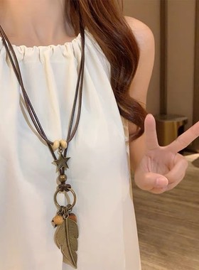 新中式禅意长款羽毛项链女复古民族风装饰毛衣链波西米亚吊坠配饰