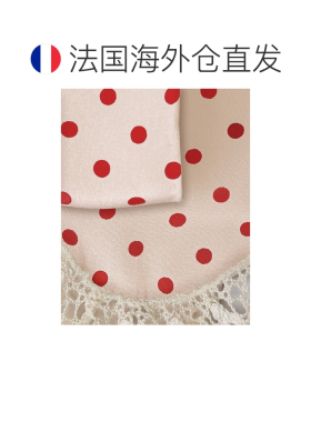 欧洲直邮自营PRADA普拉达 女士沙色/红色丝质蕾丝边波点配饰围巾