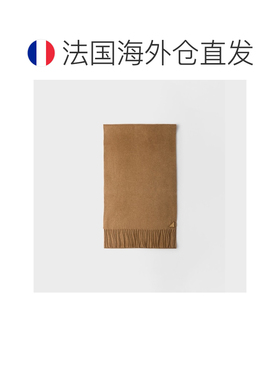 自营欧洲直邮PRADA普拉达 女士驼色丝羊绒三角形徽标流苏围巾