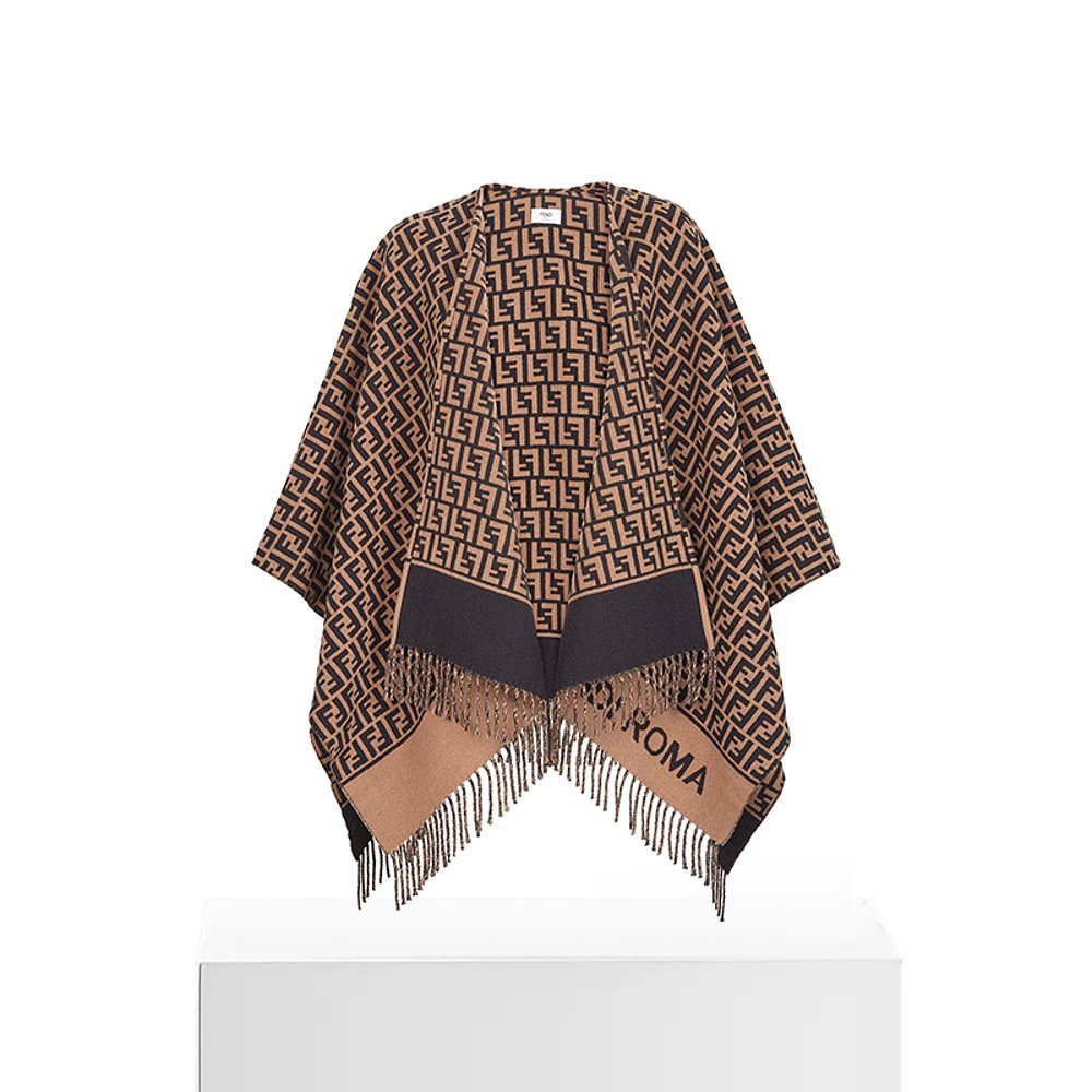 自营欧洲直邮FENDI芬迪23新款女士围巾羊毛棕色FF图案流苏 - 图3