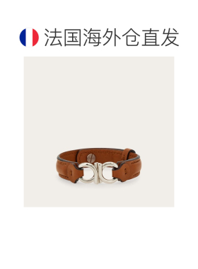 自营欧洲直邮Ferragamo菲拉格慕 男士银色/皮革黄铜双Gancini手链
