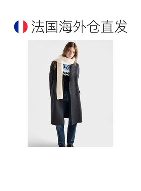 自营欧洲直邮PRADA普拉达 女士米白色羊毛珐琅金属三角徽标围巾