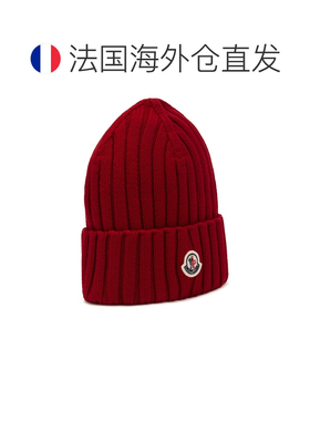 欧洲直邮自营MONCLER盟可睐 女士深红色羊毛刺绣标志针织帽