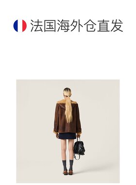 欧洲直邮MIU MIU（2025 年产品）蜡棉羊毛粗呢大衣毛领
