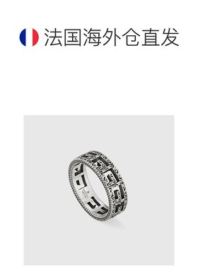 自营欧洲直邮Gucci/古驰 男女通用银色金属花纹刻印双G镂空戒指