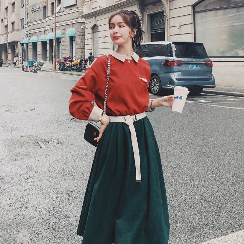 假两件连衣裙2022春秋季拼色裙子 岸妃连衣裙