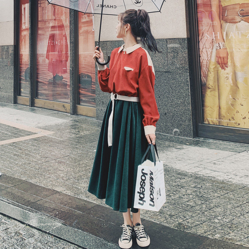 假两件连衣裙2022春秋季拼色裙子 岸妃连衣裙