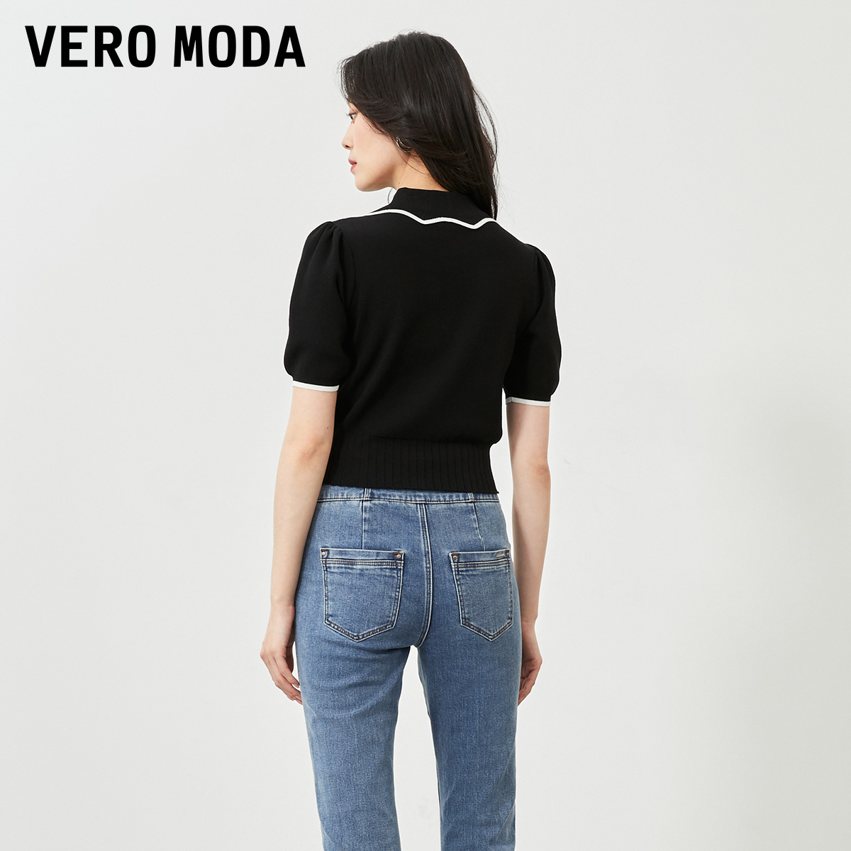 Vero Moda奥莱毛衣针织衫女早春新款翻领泡泡袖套头优雅甜美上衣