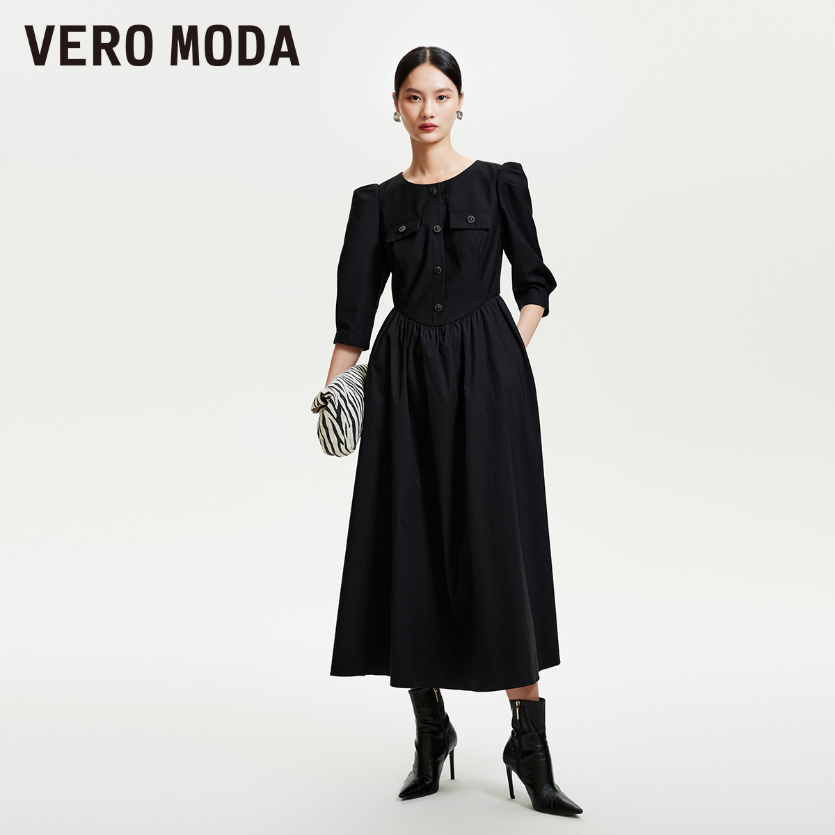 Vero Moda奥莱连衣裙子秋冬新款长裙A字七分袖气质优雅收腰修身女