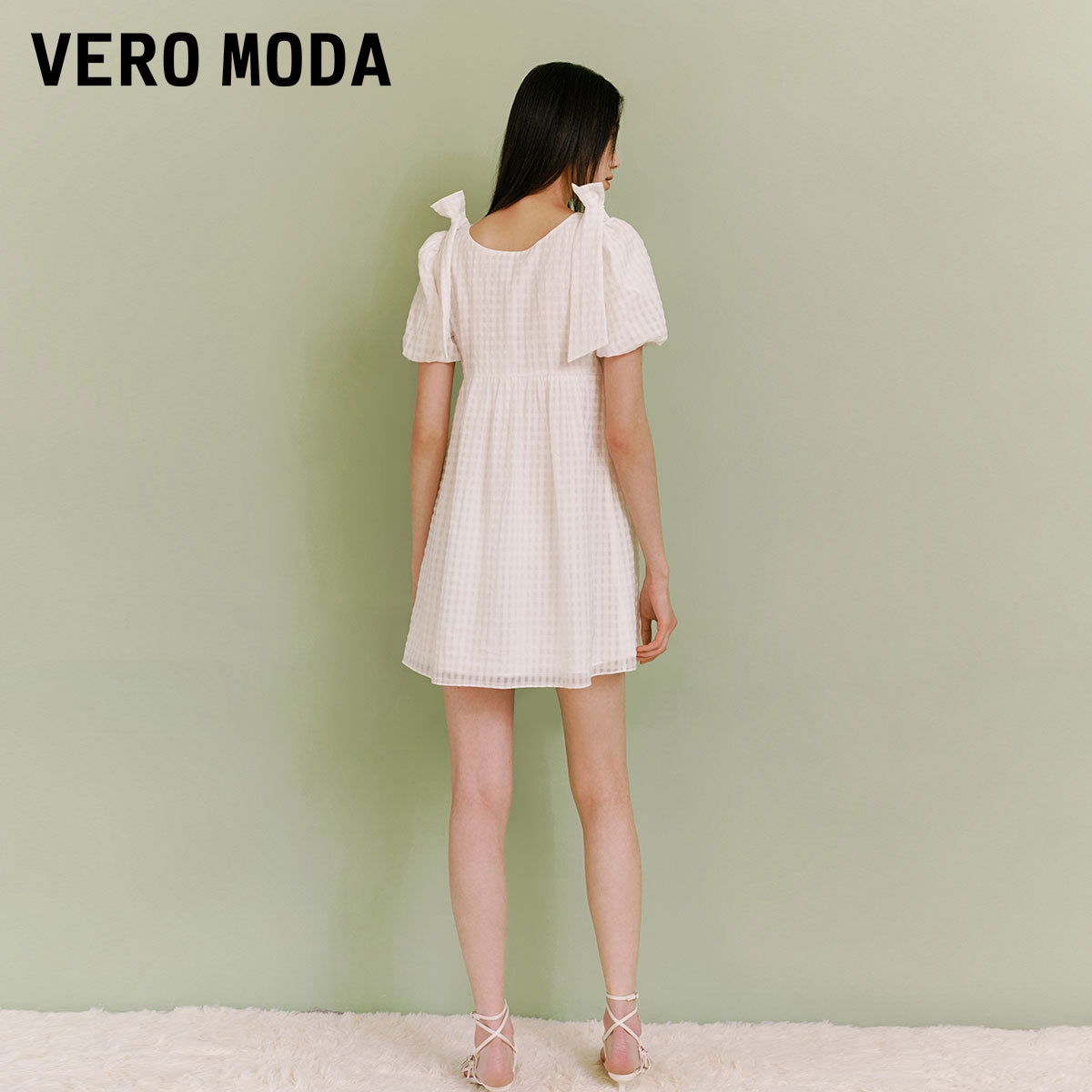 Vero Moda奥莱连衣裙子夏季新款肌理感短裙A字泡泡短袖优雅圆领女