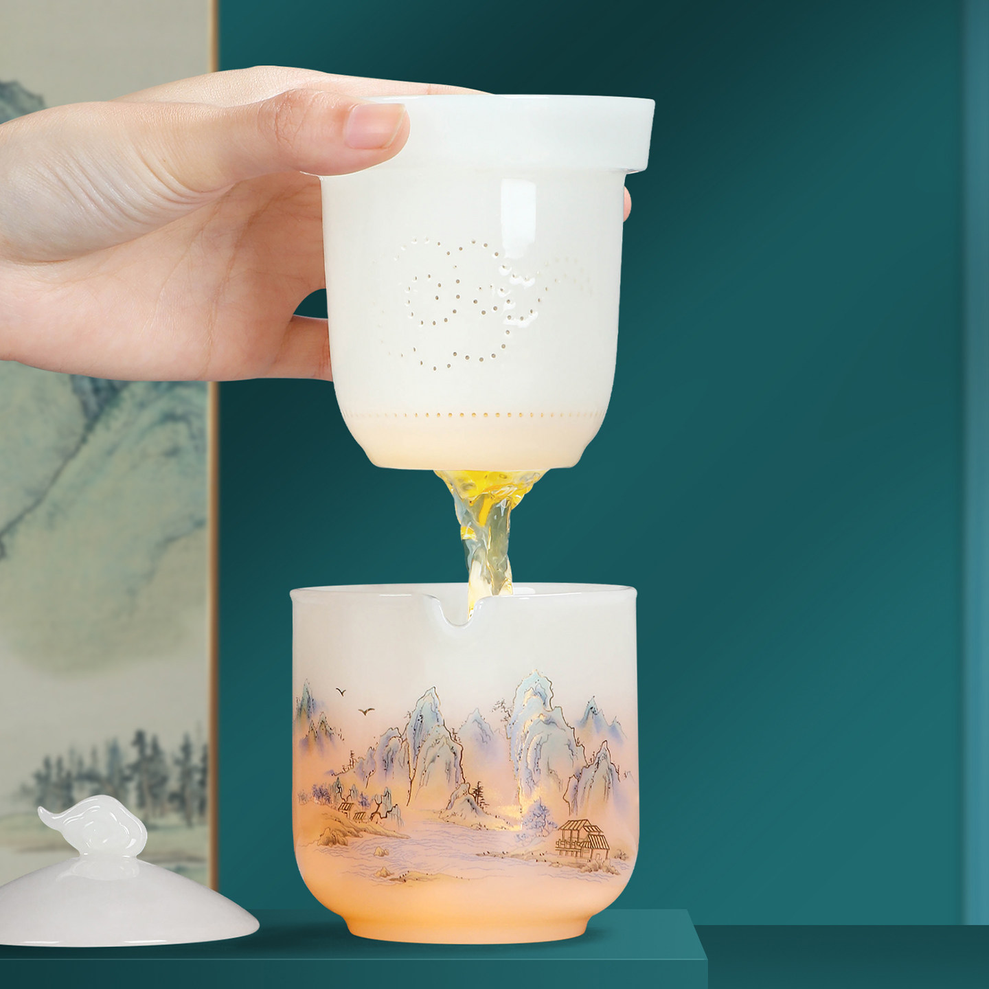 Jade porcelain travel tea set portable outdoor camping quick cup tea set one pot three cups storage bag