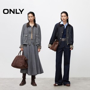 ONLY2025秋冬新款「巴恩风」大口袋撞色翻领宽松复古牛仔外套女