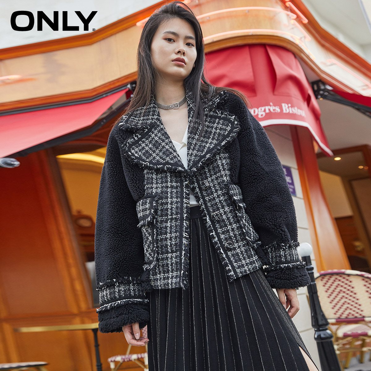 only奥莱秋季潮流小香风毛外套夹克 ONLYoutlets店皮衣