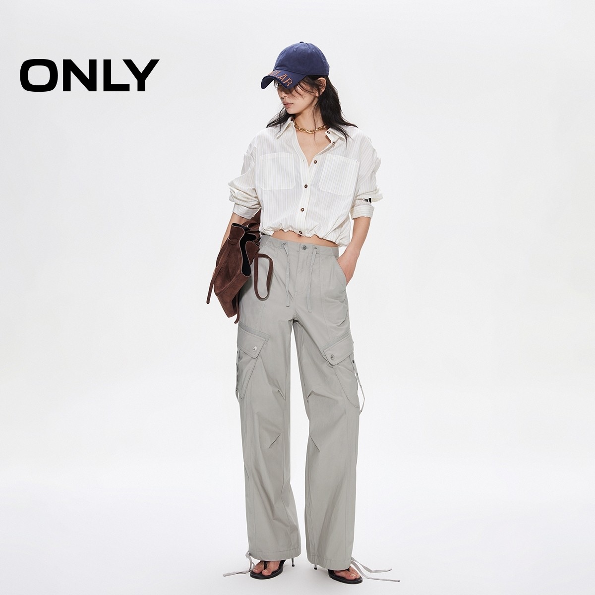 ONLY2025秋冬新款轻薄条纹抽绳下摆实用口袋落肩长袖宽松衬衫女,淘宝优惠券,粉丝福利购,淘宝优惠卷