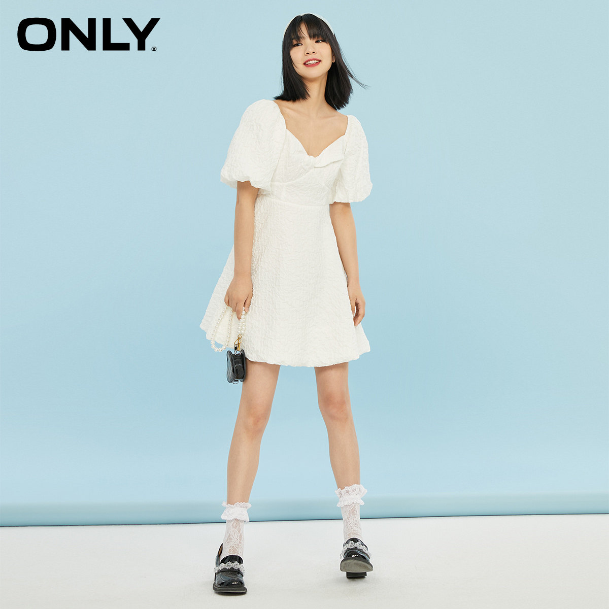 only春季新款立体浮雕钻石领连衣裙 ONLYoutlets店连衣裙