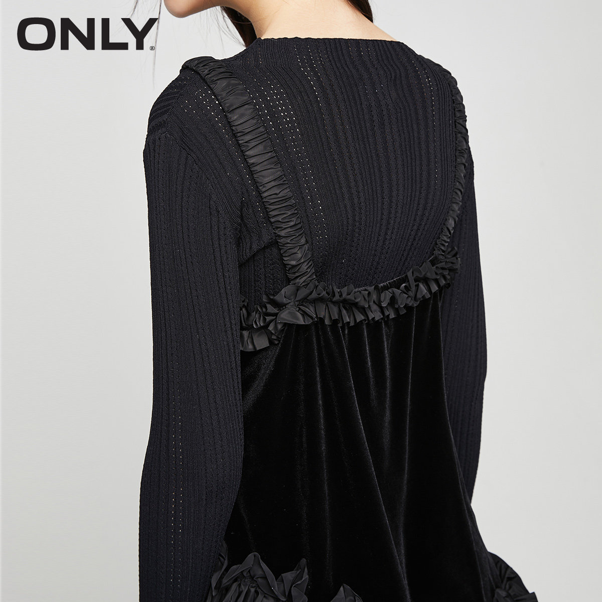 only冬季新款不对称花边丝绒连衣裙 ONLYoutlets店连衣裙