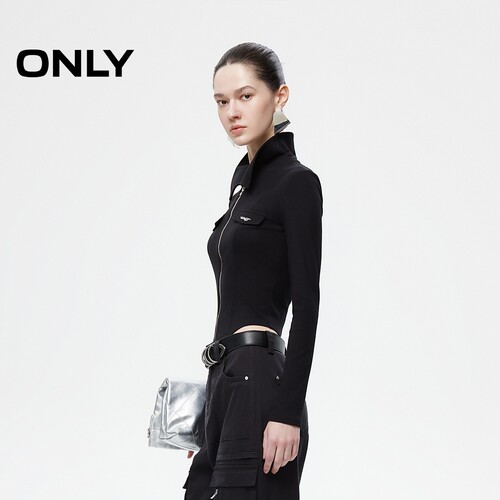 ONLY2026春季新款时尚辣妹风正肩翻领拉链开衫黑色T恤女 - 图2