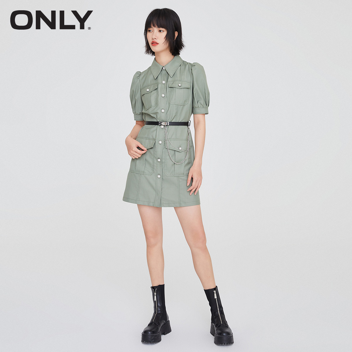 only奥莱春季收腰短款小众大衬衫 ONLYoutlets店连衣裙
