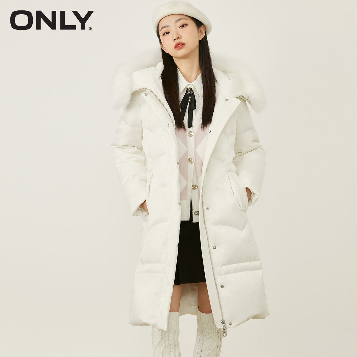 only2021冬季新款中长款连帽白鸭绒 ONLYoutlets店羽绒服
