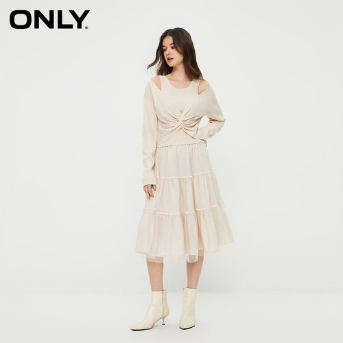 【ONLY奥莱】秋冬通勤气质收腰U领欧根纱套装连衣裙女 - 图1